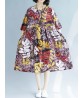 Retro Women Loose Cotton Linen Floral Print Mid Long Dress