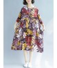 Retro Women Loose Cotton Linen Floral Print Mid Long Dress