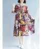 Retro Women Loose Cotton Linen Floral Print Mid Long Dress