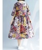 Retro Women Loose Cotton Linen Floral Print Mid Long Dress