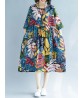 Retro Women Loose Cotton Linen Floral Print Mid Long Dress