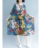 Retro Women Loose Cotton Linen Floral Print Mid Long Dress