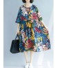 Retro Women Loose Cotton Linen Floral Print Mid Long Dress