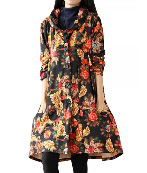 Vintage Floral Printing Long Sleeve Loose ...