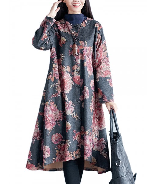 Vintage Floral Printing Long Sleeve Loose ...