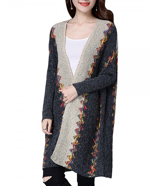 Ethnic Printing Long Sleeve Knitted Loose Sweater Women Coat