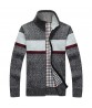 Contrast Color Knitted Thick Fleece Zipper Sweaters Casual Woolen Blended Slim Cut Coat