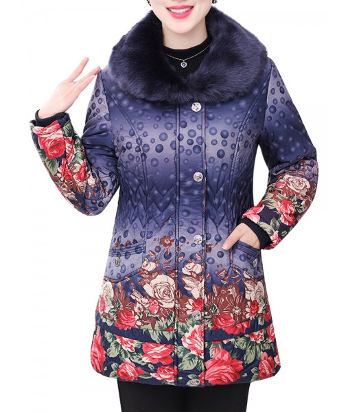 Fashion Elegant Women Printing Dots Fur Collar Thick Cotton Coat