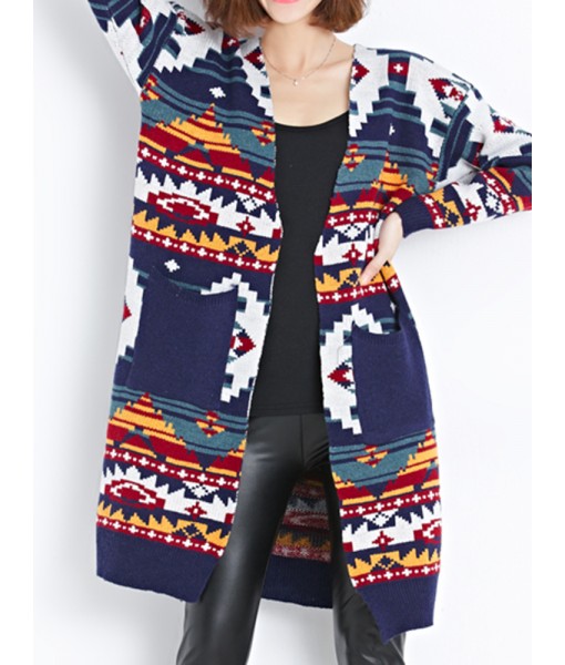 Fashion Women Loose Printing Long Sleeve Pocket Knit Cardigan