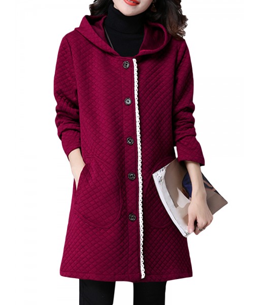 Casual Women Loose Hooded Plaid Single ...