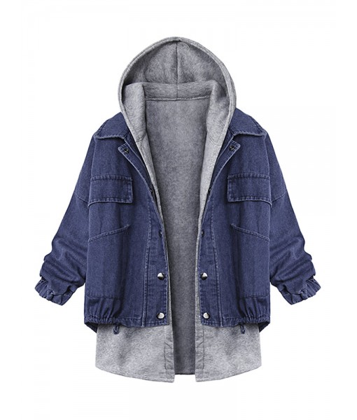 Casual Women Loose Batwing Sleeve Twinset Hooded Denim Jacket