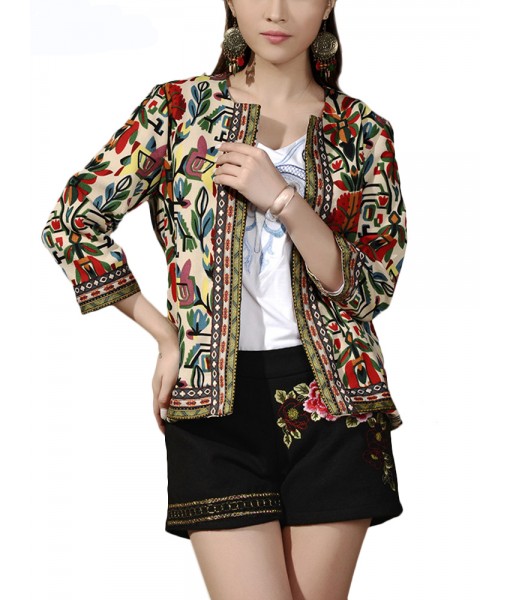 O-NEWE Vintage Women Embroidery Patchwork Printed Short Jacket