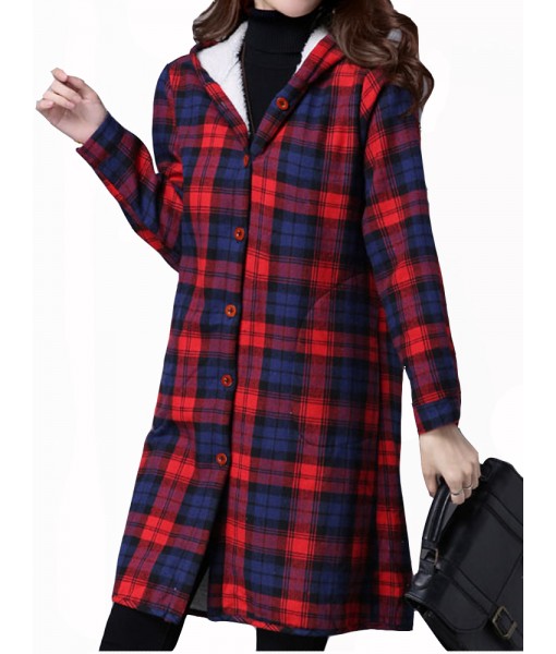 Vintage Plaid Hooded Long Sleeve Loose ...