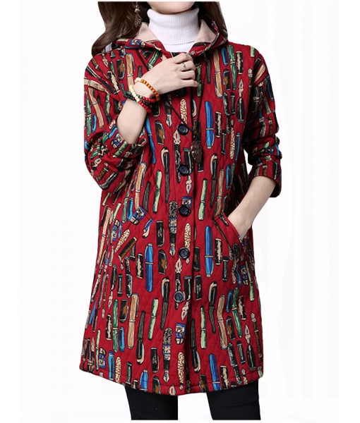 Vintage Printing Hooded Long Sleeve Loose ...