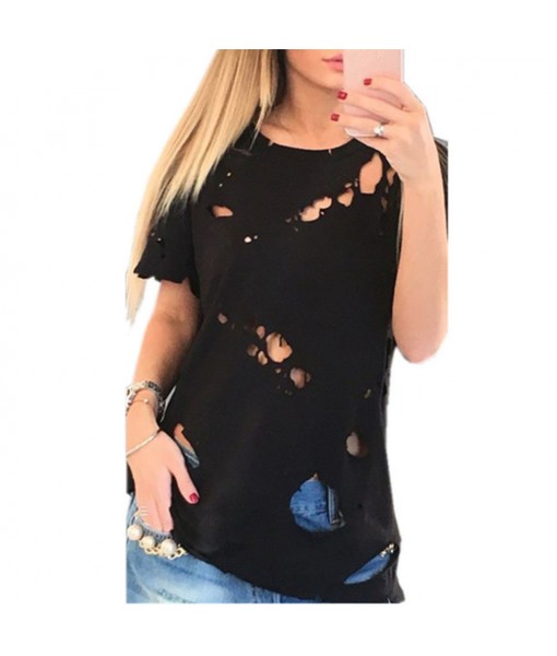 Summer Holes T-shirt Women Fashion Sexy Black White Cotton Short Sleeve Tops Shirts Ripped Casual Loose T-shirt S-XXL