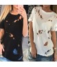 Summer Holes T-shirt Women Fashion Sexy Black White Cotton Short Sleeve Tops Shirts Ripped Casual Loose T-shirt S-XXL