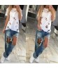 Summer Holes T-shirt Women Fashion Sexy Black White Cotton Short Sleeve Tops Shirts Ripped Casual Loose T-shirt S-XXL