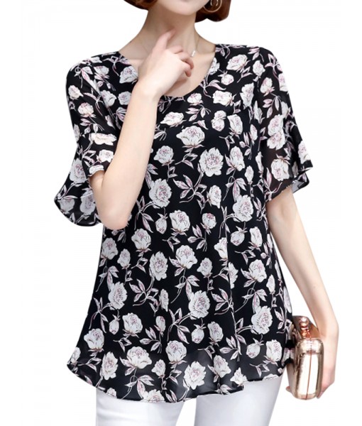 Women Short Sleeve Flower Print Loose ...