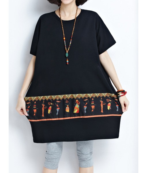 Ethnic Printed Loose O-neck Short Sleeve Women T-shirts