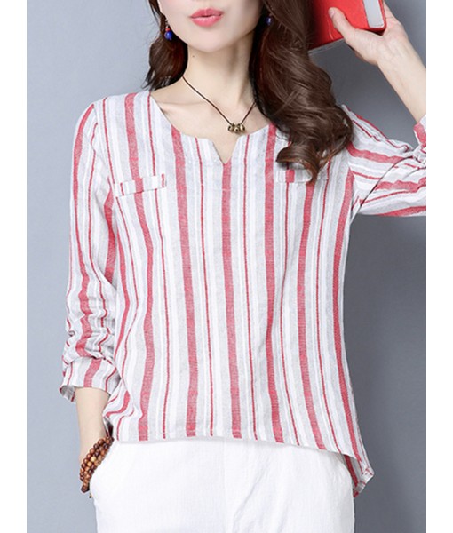 Women Long Sleeve Stripe Irregular Hem Spring T-shirts