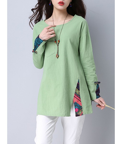 Vintage Women Long Sleeve Patchwork Side Split T-shirts