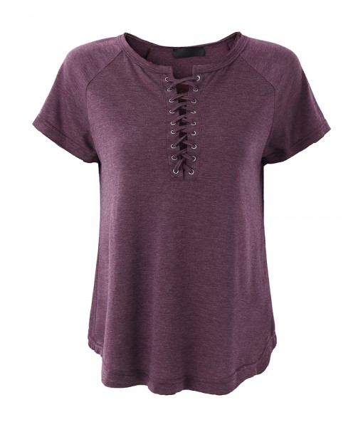 Gracila Casual Women Lace-up Solid Color Short Sleeve T-shirts