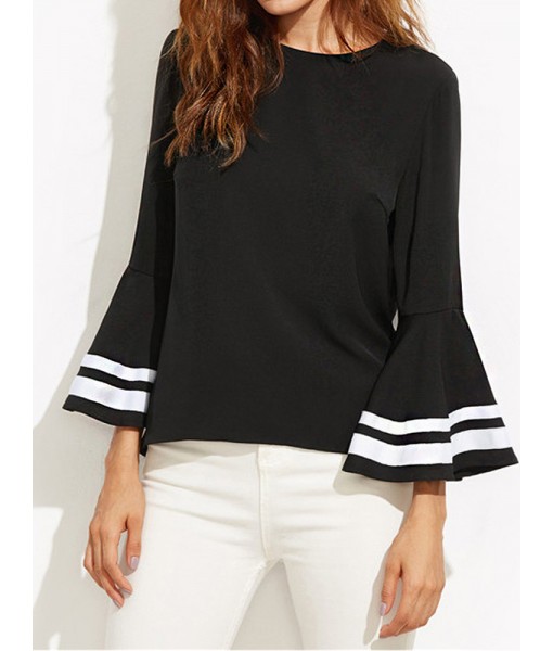 Casual Women Black O-neck Horn Sleeve ...