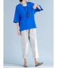 Vintage Women Half Sleeve Solid Color Loose Pocket T-shirts