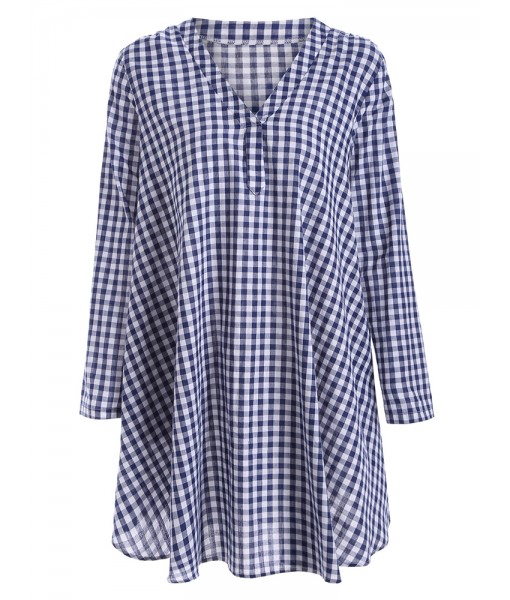 Blue Women V-neck Plaid Long Sleeve ...