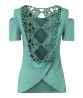 Women Sexy Back Lace Hollow Out Pure Color Short Sleeve T-shirts