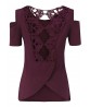 Women Sexy Back Lace Hollow Out Pure Color Short Sleeve T-shirts