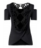 Women Sexy Back Lace Hollow Out Pure Color Short Sleeve T-shirts