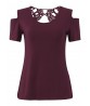 Women Sexy Back Lace Hollow Out Pure Color Short Sleeve T-shirts