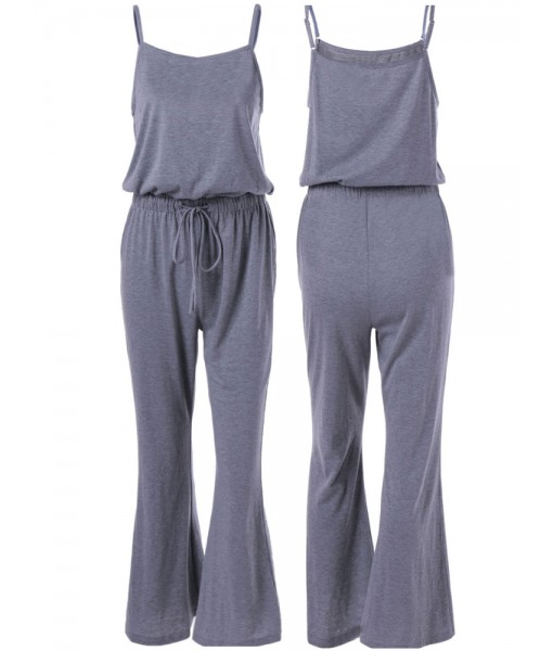 Gray Sexy Spaghetti Strap High Waist Drawstring Women Wide Leg Jumpsuits