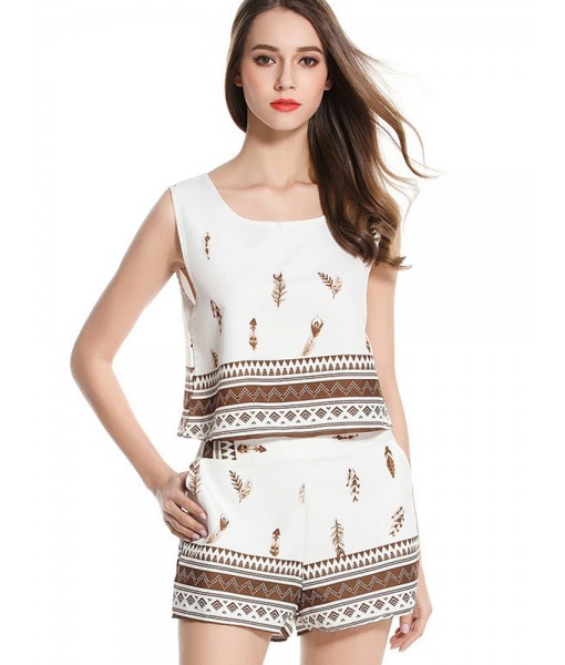 Casual Sleeveless O-Neck Printing Women White Playsuits