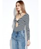 Sexy Stripe Hollow V-neck Long Sleeve Bodycon Jumpsuit For Women