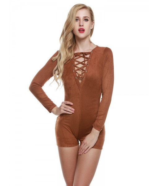 Sexy Lace Up Long Sleeve Deep V-Neck Bodycorn Women Jumpsuit