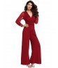 Sexy Work Mesh Long Sleeve V-Neck Women Bell-Bottom Wide Leg Jumpsuit