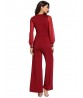 Sexy Work Mesh Long Sleeve V-Neck Women Bell-Bottom Wide Leg Jumpsuit