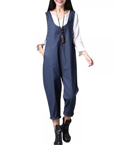 Vintage Women Loose Solid Pankou Cotton Long Jumpsuits