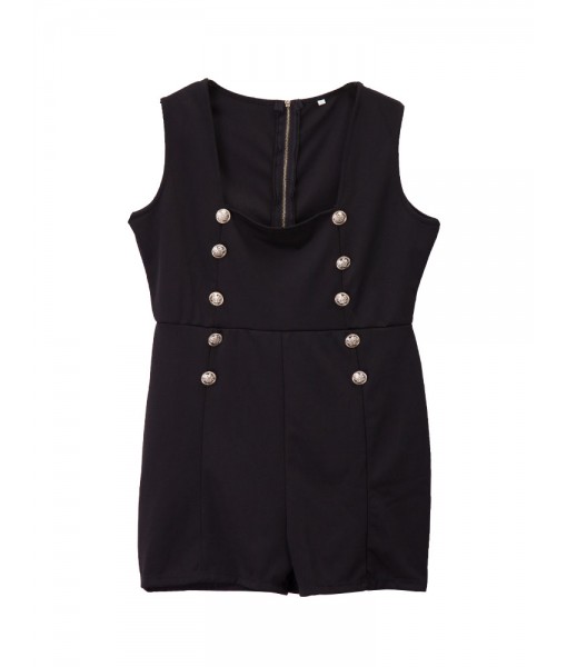 Black Square Neck Double Breasted Sleeveless ...