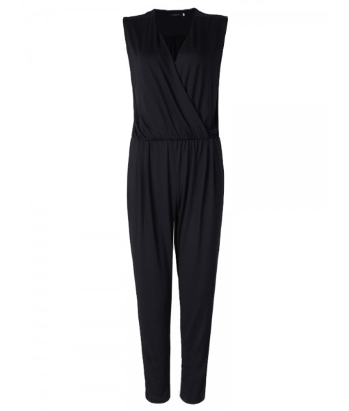 Elegant Women V-neck Sleeveless Pleated Slim Pure Color Jumpsuit