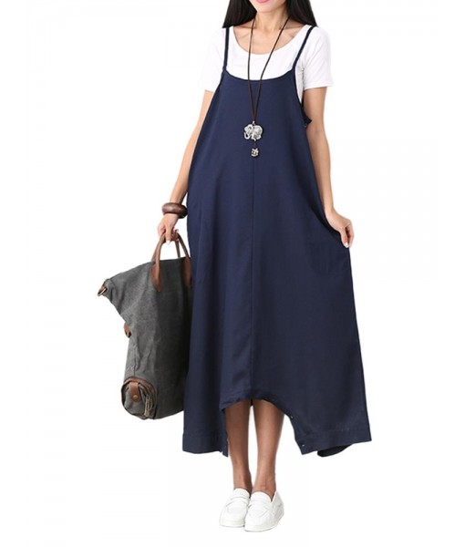 Loose Women Strap Button Two Ways Cotton Linen Dress Jumpsuit