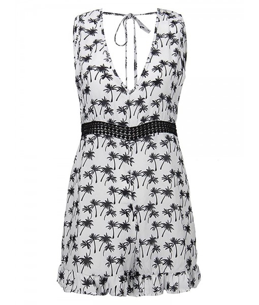 Sexy Women V Neck Hollow Patchwork Tree Printing Backless Jumpsuit