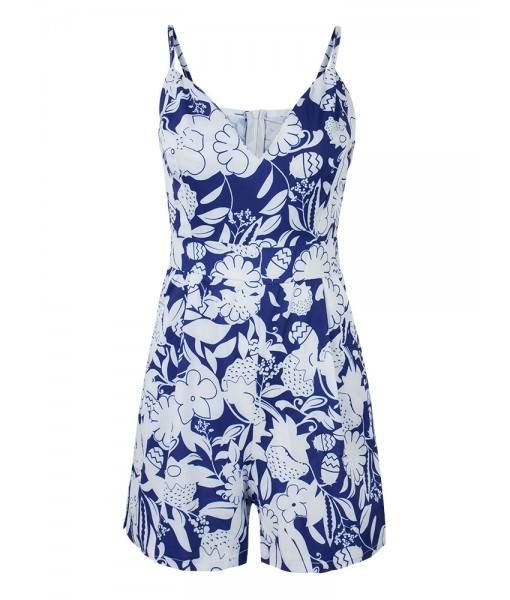 Sexy Women Deep V Neck Floral Printing Pocket Beach Jumpsuit