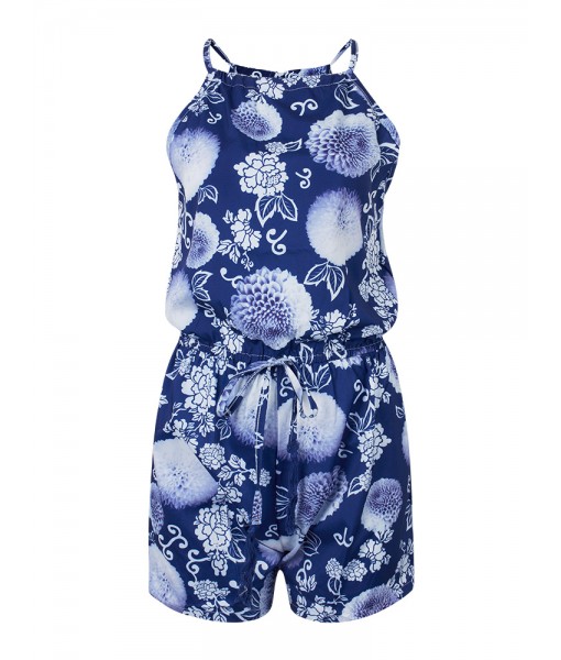 Sexy Women Halter Floral Printing Backless Drawstring Romper Jumpsuit