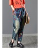 Vintage Women Elastic Waist Floral Embroidery Rips Harem Jeans