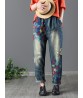 Vintage Women Elastic Waist Floral Embroidery Rips Harem Jeans