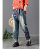 Vintage Women Elastic Waist Floral Embroidery Rips Harem Jeans