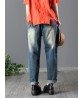 Vintage Women Elastic Waist Floral Embroidery Rips Harem Jeans